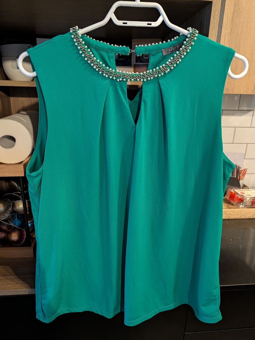 Suzy Shier Teal Beaded-Neck Sleeveless Camisole
